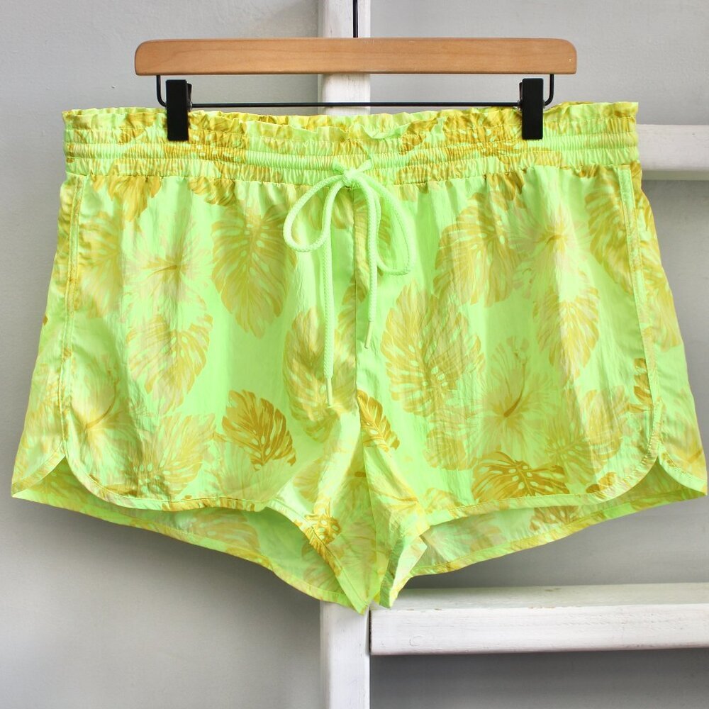 Aerie Neon Green Tropical Monstera Leaves Running Swim Beach Shorts Size XL NWT